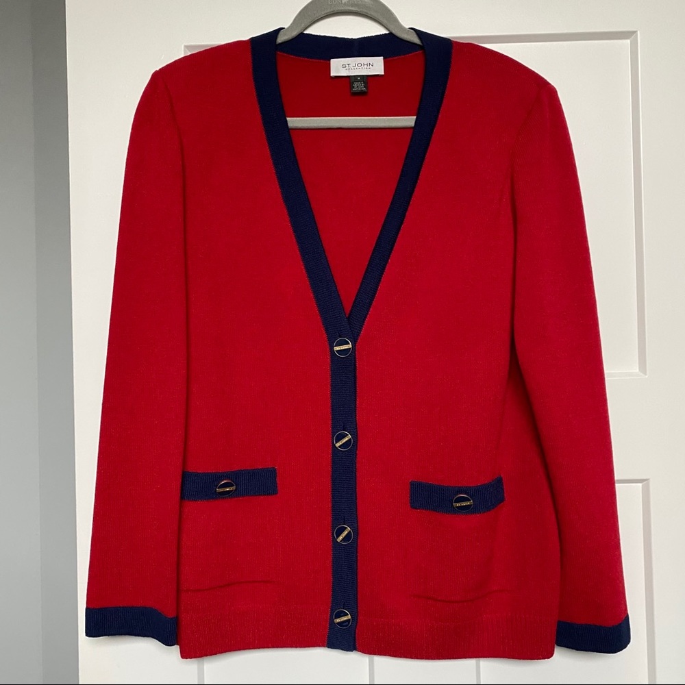 St. John Collection Red Knit Cardigan Sweater M